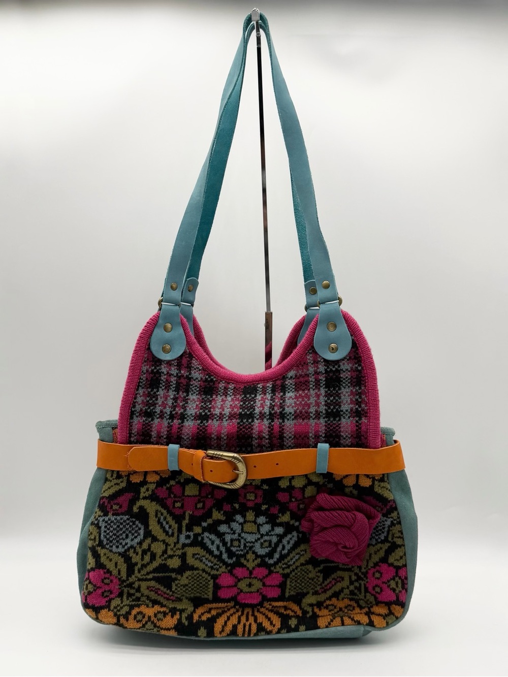 IVKO Boho Chic Hipster Knit Suede Shoulder Bag Flower Accent Zip Multicolored